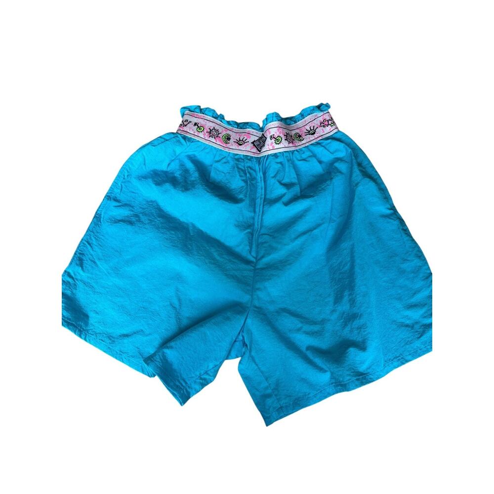 Vintage 80s Women's Neon Shorts Nylon Paperbag Elastic High Waisted Blue Medium